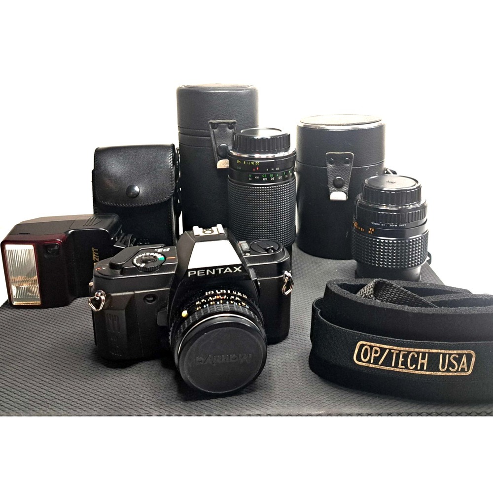 Pentax P3N 35mm SLR Film Camera, Flash, Strap + 3 Lenses EUC Tested